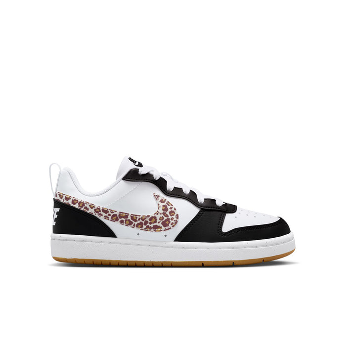 Youth low-top sneakers, white upper with leopard Swoosh and black trim