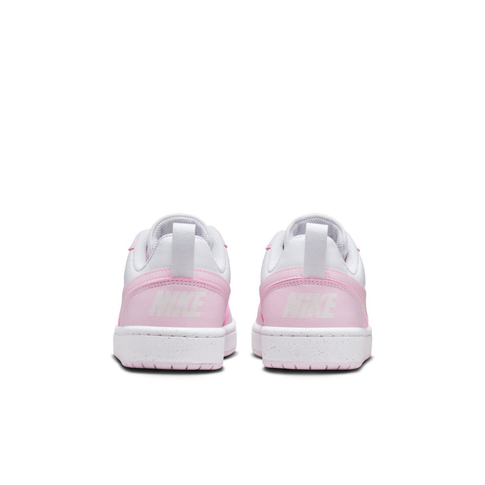 Youth low-top sneakers heel view, white with pink back tab and rubber outsole