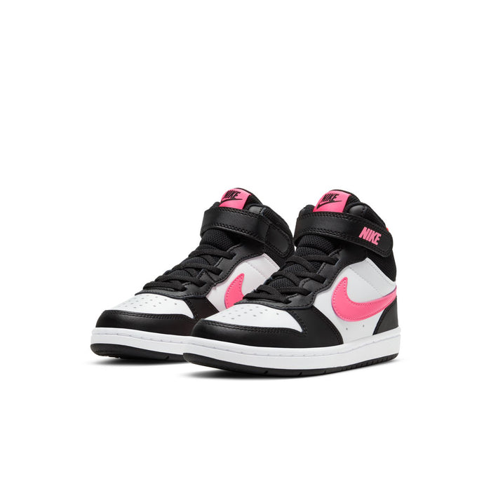 Pair of kids mid-top sneakers, black with white panels and pink swoosh
