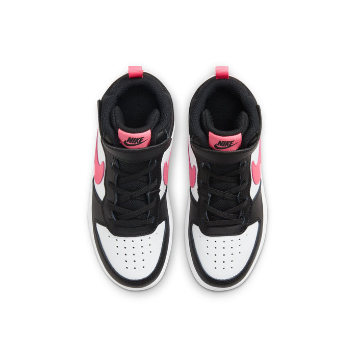 Kids mid-top sneakers heel view, black uppers with pink pull tab and white trim