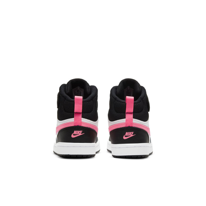 Kids mid-top sneakers back view, black uppers with pink heel stripe and Nike branding