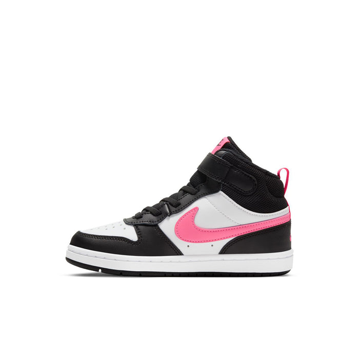 Kids mid-top sneakers side view, black and white with pink swoosh detail