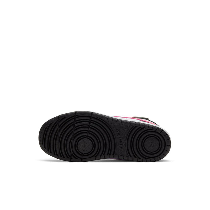 Kids sneaker outsole, black rubber tread with pink accent stripe