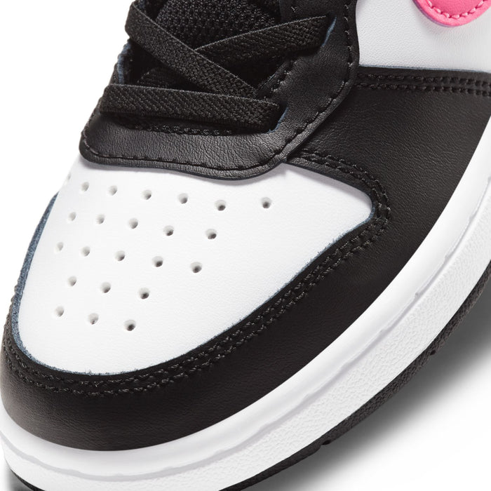 Kids sneaker toe and side vent holes, white panel with black overlays