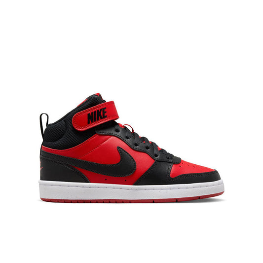 Youth mid-top sneakers in red, black, and white with Nike swoosh and lace-up design