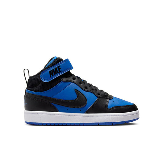Youth mid-top sneakers in blue, black, and white with Nike Swoosh