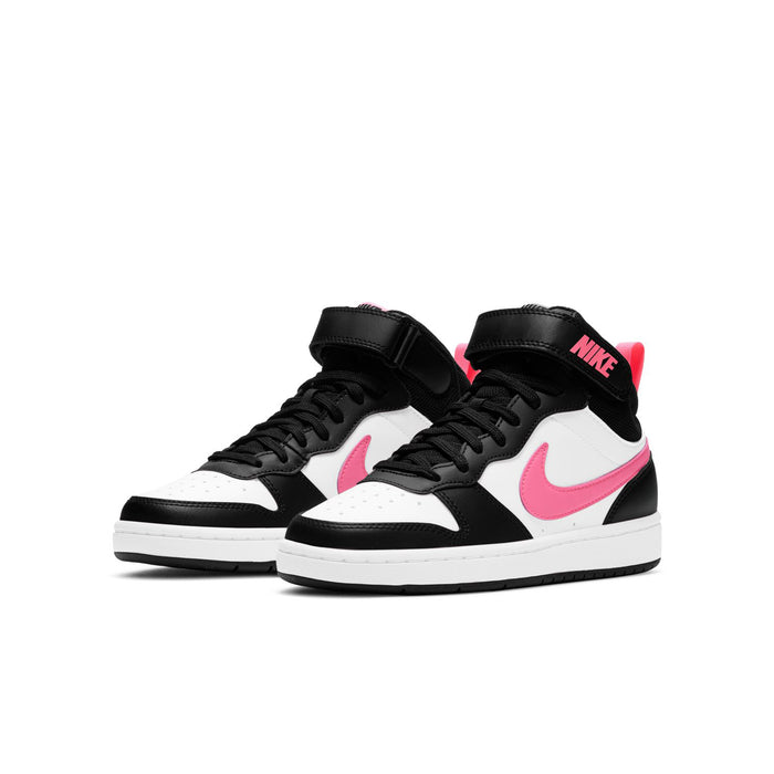 Nike Court Borough Mid 2 youth sneakers, side view, black with pink and white accents