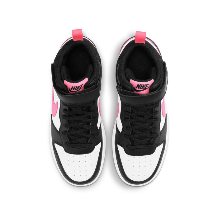Nike Court Borough Mid 2 youth sneakers, top view of two shoes with pink lining and tongue