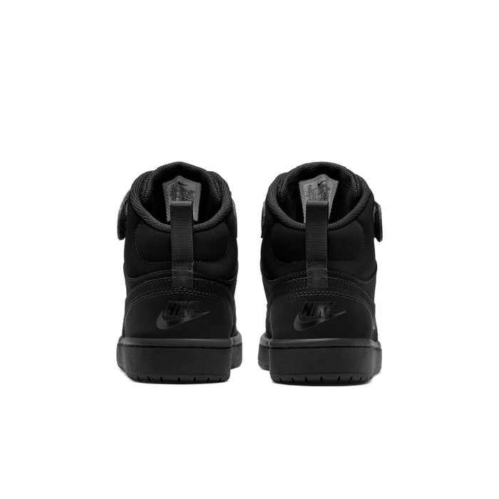 Black mid-top sneaker for youth, heel and back view with Nike logo