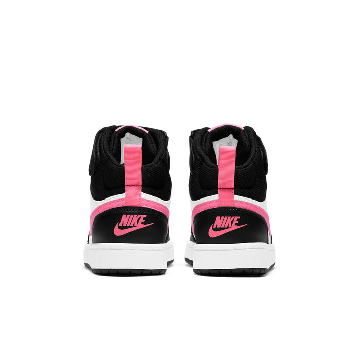 Nike Court Borough Mid 2 youth sneakers, heel view with pink NIKE branding on back tabs