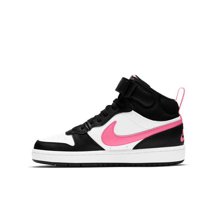 Nike Court Borough Mid 2 youth sneakers, angled side view in black, white, and pink