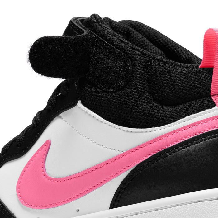Nike Court Borough Mid 2 youth sneakers close-up of upper with pink Swoosh and black laces