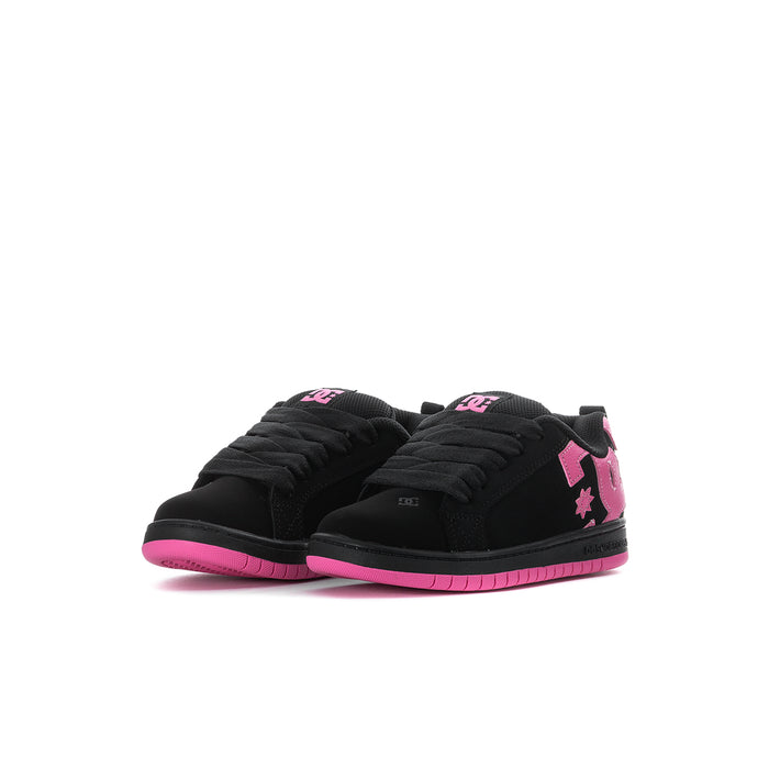 Kids low-top sneakers with padded black upper, pink star accents, hook-and-loop strap