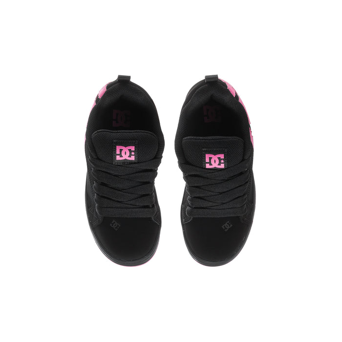Kids low-top sneakers, black with pink DC badge on tongue and heel