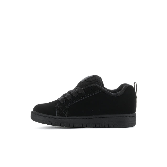 Kids black low-top sneakers, angled side profile with logo detail