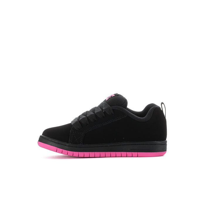 Kids low-top sneakers, black lace-up with pink outsole and subtle star detail