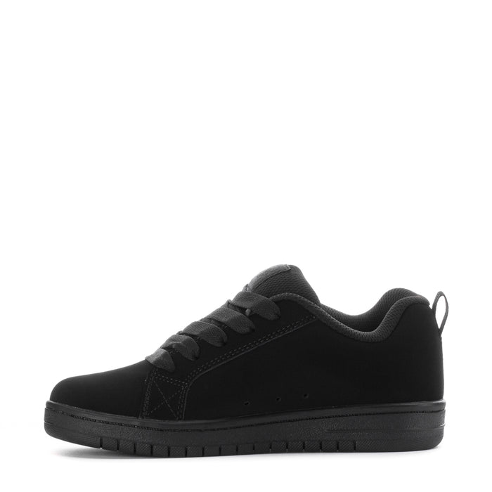 Youth black low-top court sneakers, lace-up front with textured sole detail