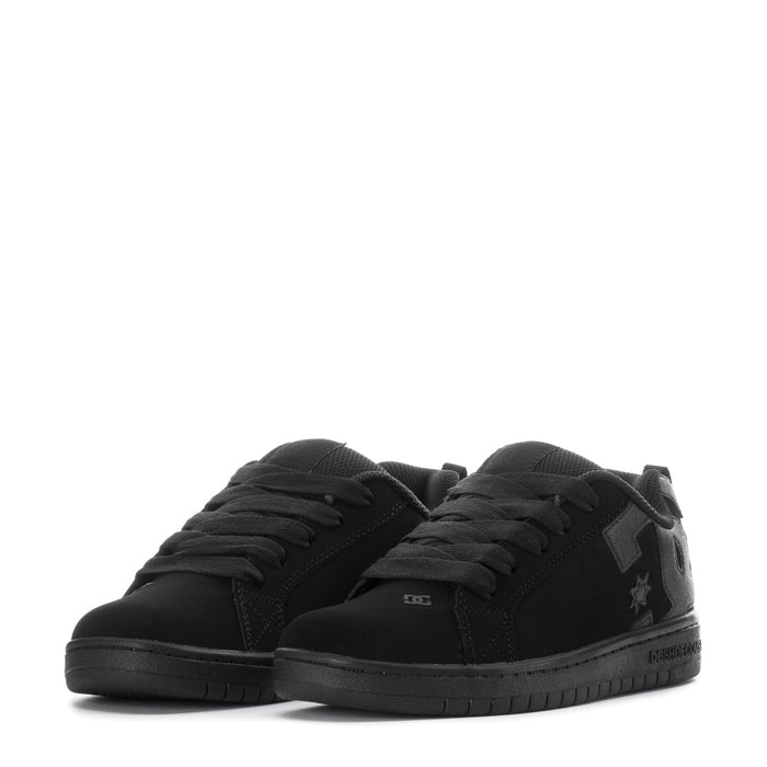 Youth black court sneakers pair, lace-up uppers with star and side graphics