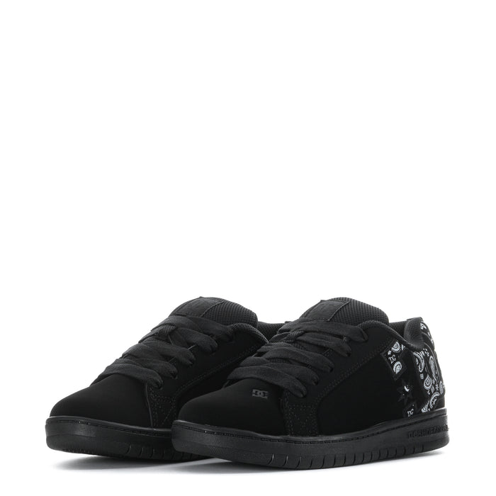 Youth black lace-up low-top sneakers with patterned side collar detail
