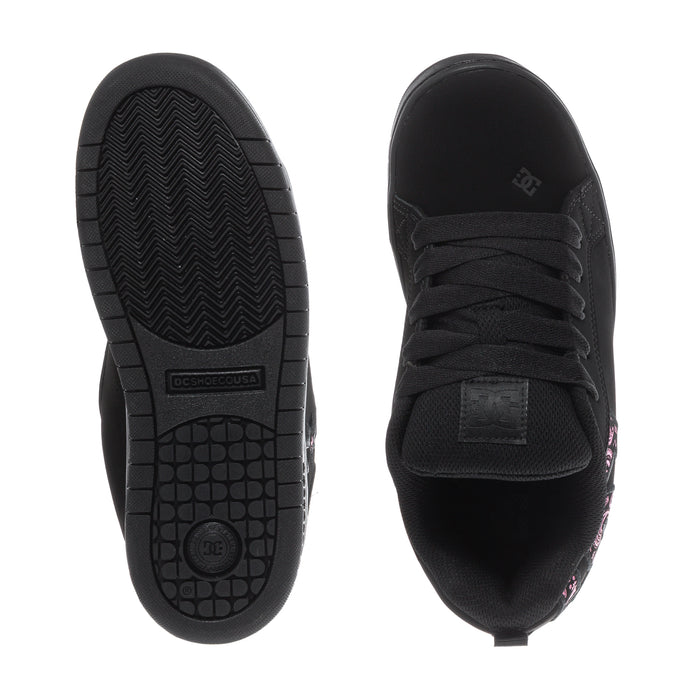 Youth black court sneaker outsole and heel view with tread