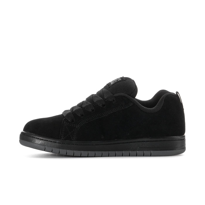 Youth black suede skate shoes with DC star side logo and flat rubber sole