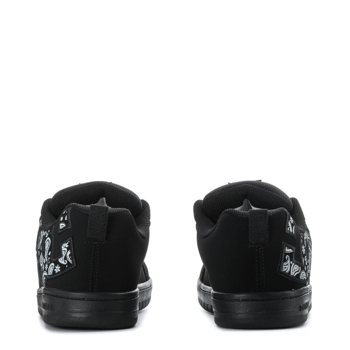 Youth black lace-up low-top sneakers with paisley accents at heel collar