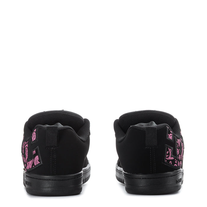 Youth black court sneakers with pink heel graphic, rear view