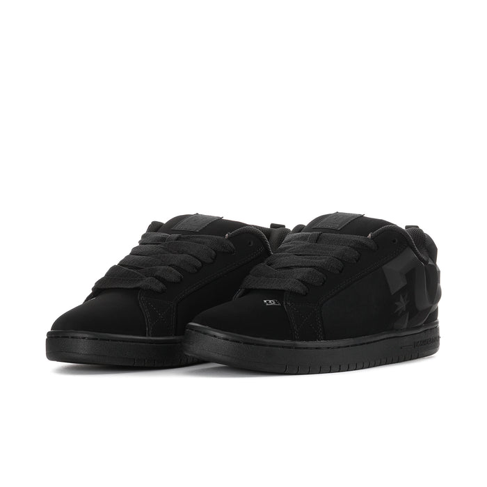 Black low-top skate sneakers, side view, textured panels and lace-up