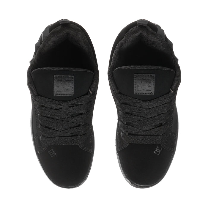 Black sneaker tongue and heel view with logo patch and lace-up