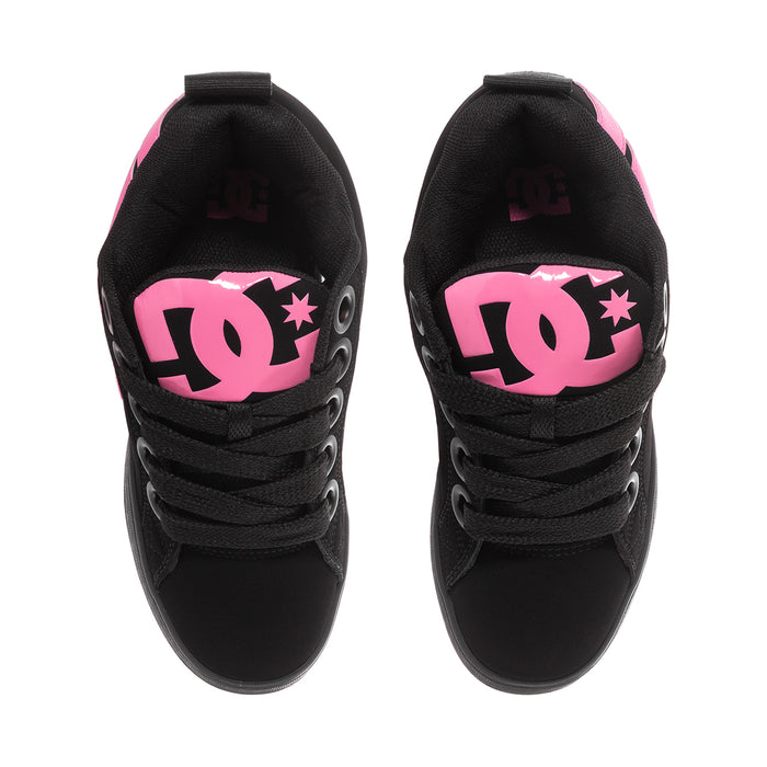 Black women's low-top sneakers with bubblegum pink heel logo and lace-up front