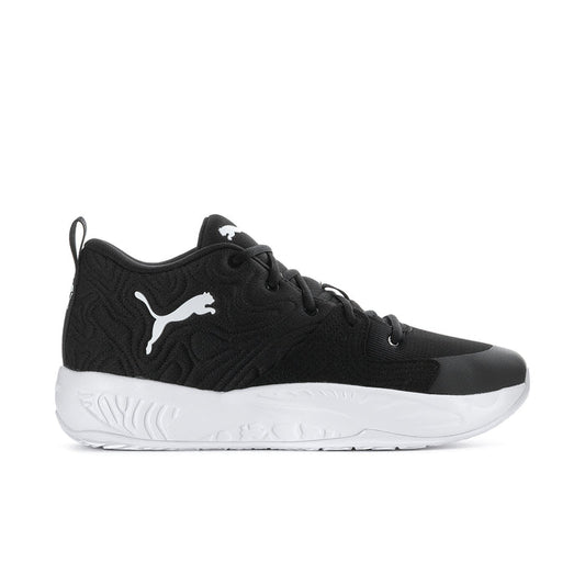 Men's black low-top sneakers with white PUMA logo and textured side panel