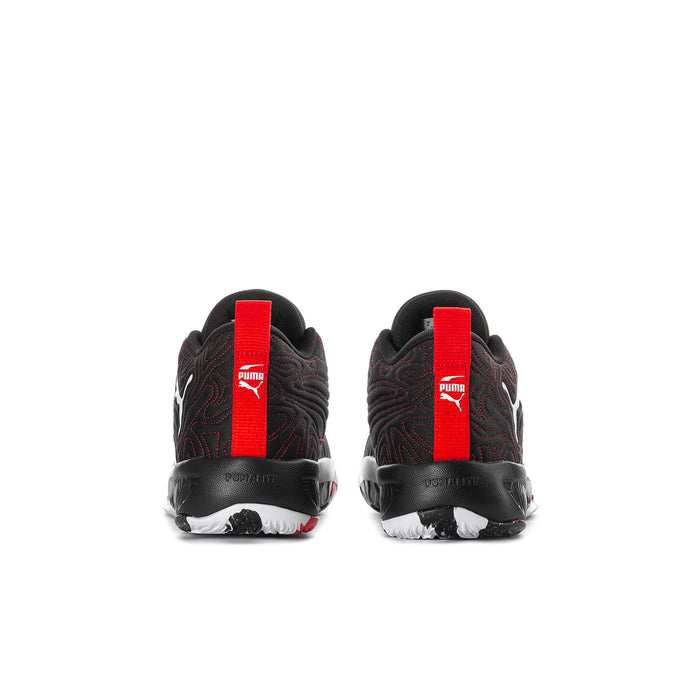 Youth basketball shoes, black knit with red heel tabs, PUMA logos on back.