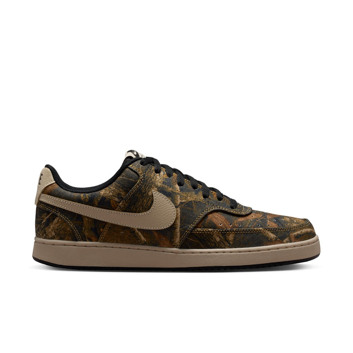 Men's low-top sneakers in brown camo with black laces, tan Swoosh and sole.