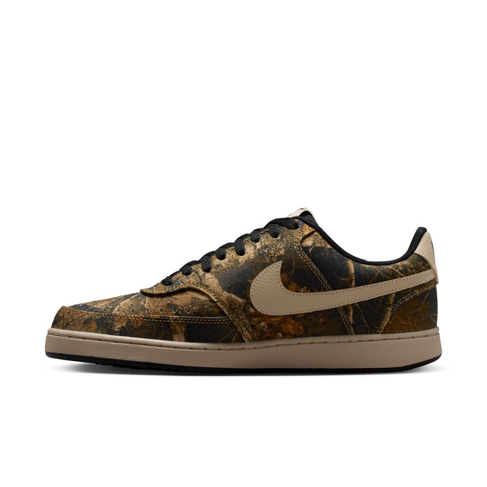 Men's low-top sneakers, brown camo side panel with tan Swoosh and black outsole.
