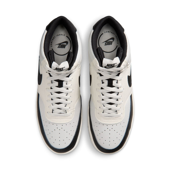 Men's mid-top sneakers in off-white with black accents, lace-up design.