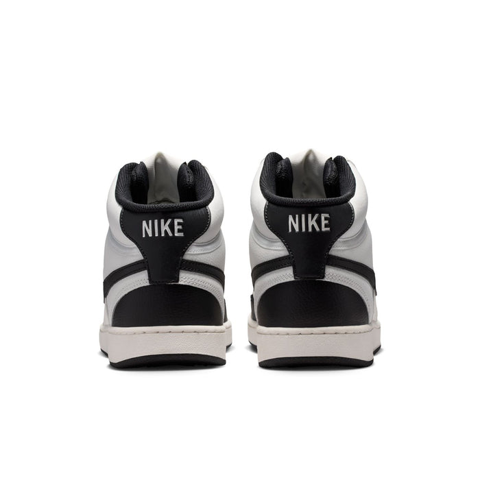 Men's mid-top sneakers, black heel collar with white and black back panels.