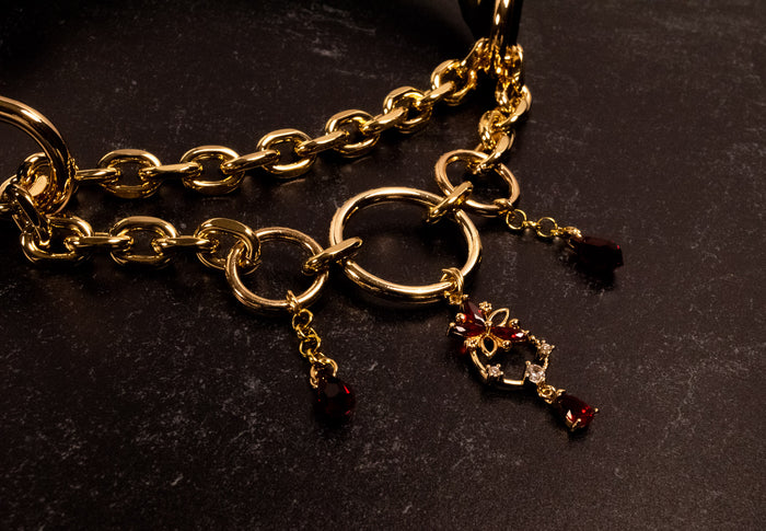 "Crimson Bloom" - Black Leather Tri-Ring Crystal Martingale Collar _ LIMITED _