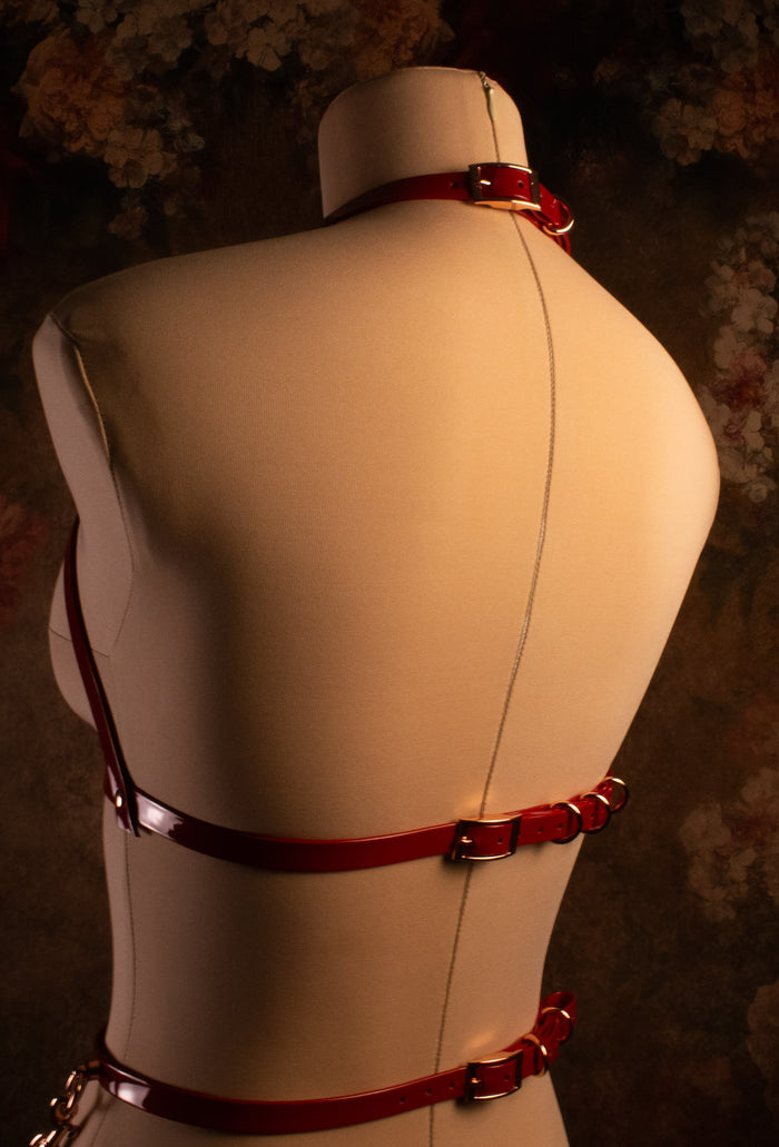 "CRIMSON VOW" BUST HARNESS - Red Patent Leather & Rose Gold Gold _ LIMITED _