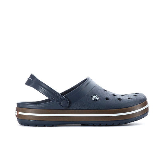 Navy rubber clog with adjustable heel strap and vent holes, white-brown trim