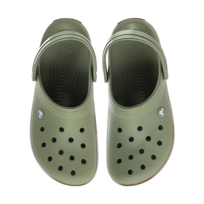 Pair of olive green Crocband clogs with circular vent holes and molded upper