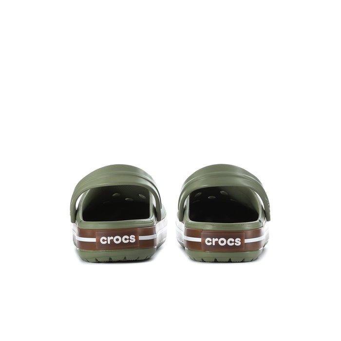 Back view of olive green Crocband clogs with heel strap and 'crocs' logo on sole