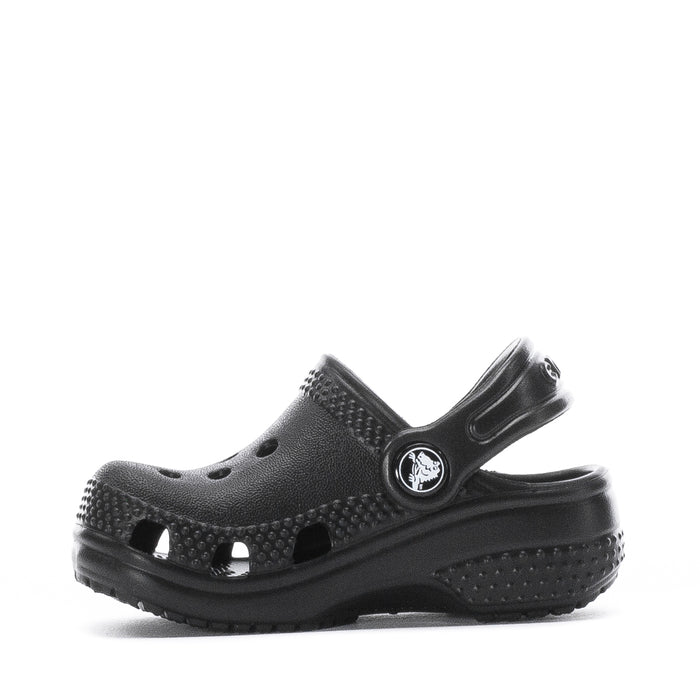 Infant black clog with perforations, slingback strap, and treaded outsole