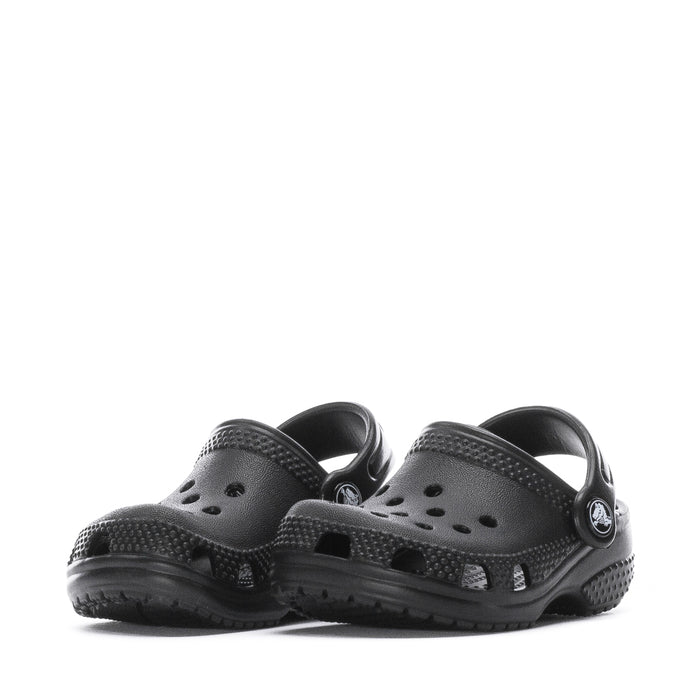 Pair of infant black clogs with perforated toe box and molded heel