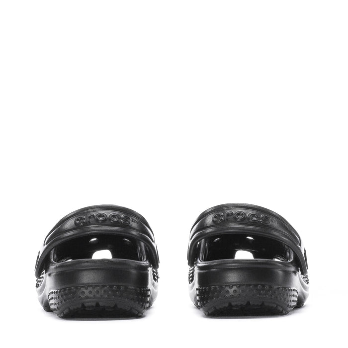 Infant black clogs, rear view with glossy heel panels and molded tread