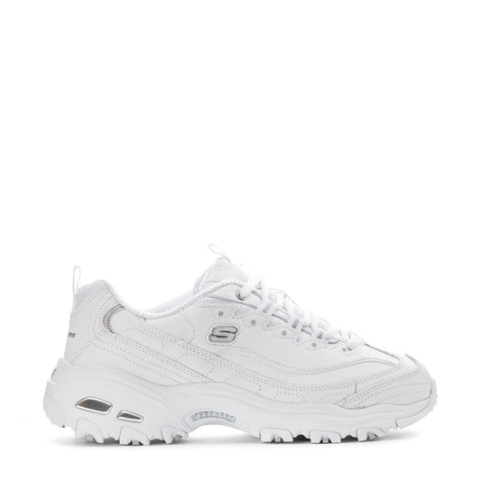 White lace-up athletic sneakers with chunky sole and S logo, wide fit