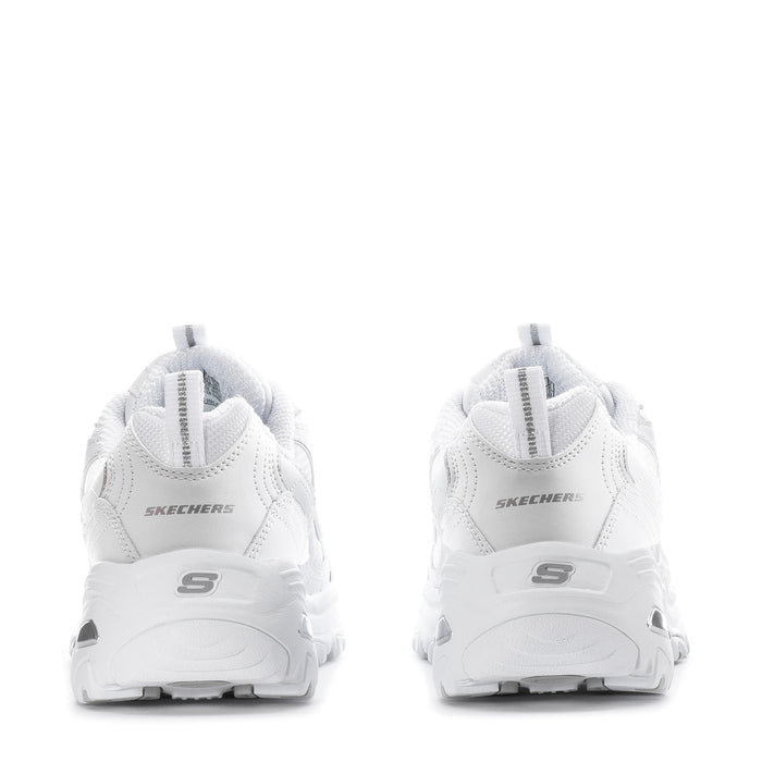 White sneakers back view with S logo on heel, cushioned back tab, chunky outsole