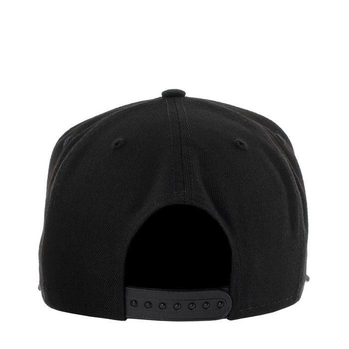 Black baseball cap with snapback strap and open back panel