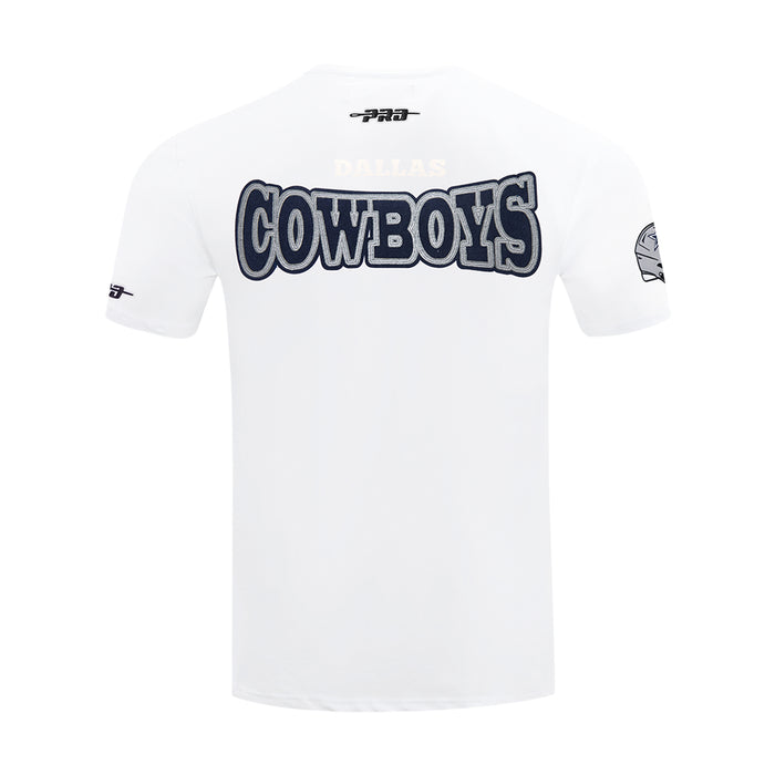 White men’s T-shirt with Cowboys wordmark graphic on the back and small sleeve logo