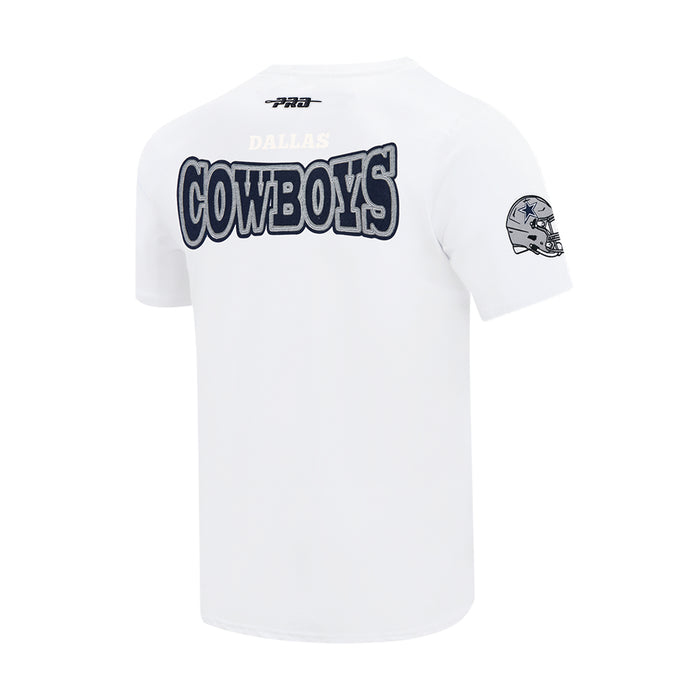 White men’s T-shirt with Cowboys wordmark and Dallas patch-style logo on the back