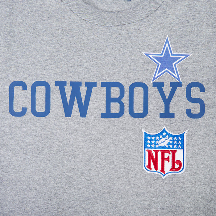 Men's heather gray Cowboys T-shirt close-up of Cowboys wordmark and NFL shield